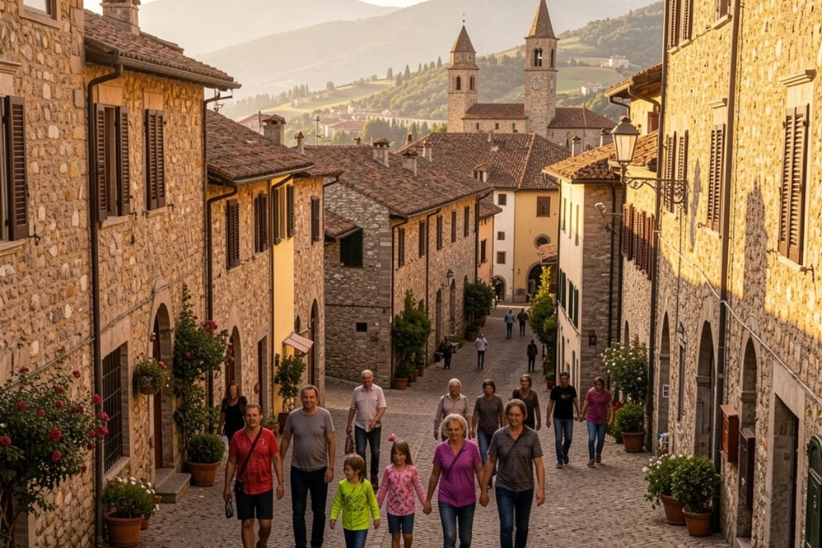 Antico borgo medievale italiano con piazza pavimentata in pietra, edifici storici colorati e abitanti che conversano al bar, simbolo del viaggio lento e consapevole.