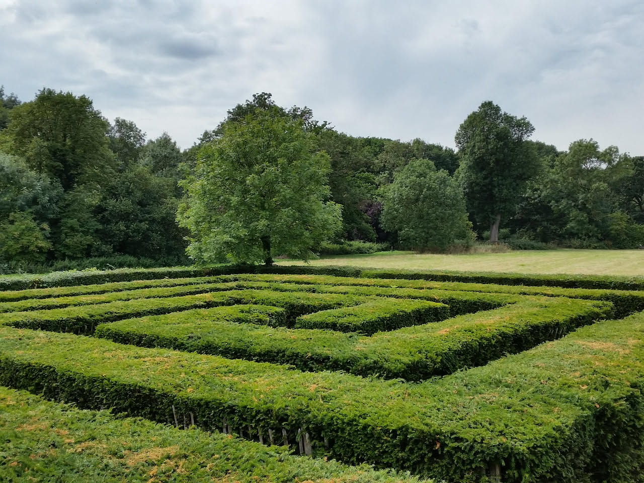 Veduta aerea del labirinto di Villa Pisani a Stra con siepi di bosso in geometrie complesse circondate da verdeggianti giardini settecenteschi