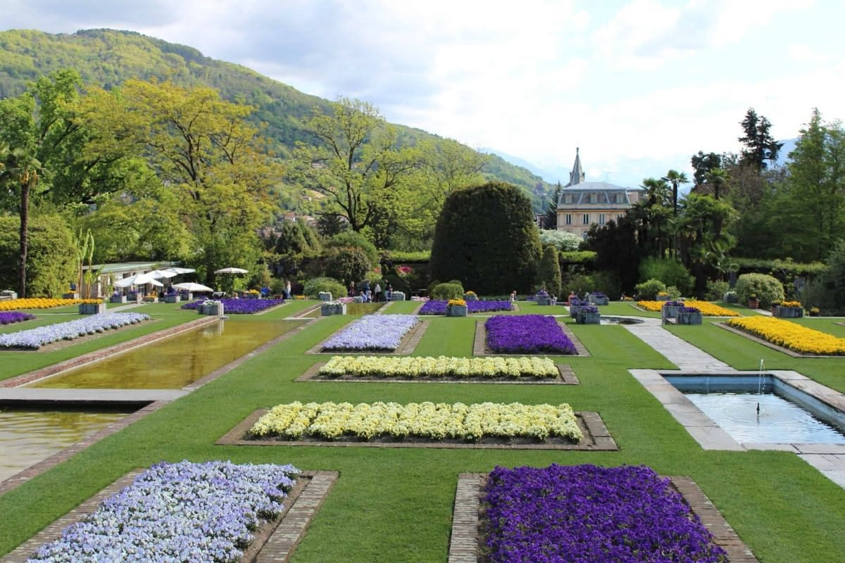 Giardino botanico in pendio con castello medievale sullo sfondo, aiole colorate di piante alpine, alberi di conifere, e vista sulla valle di Merano con montagne innevate all'orizzonte