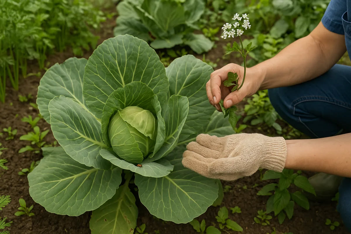 Orto autunnale con verze verde scuro dal cespo compatto e cavoli viola piantati in file, terreno marrone scuro umido, foglie mature e sane