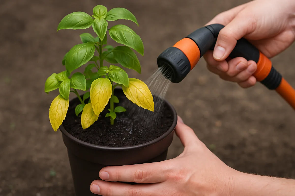 Mano che versa acqua dal bottiglia alla base di una pianta di pomodoro con terriccio scuro e foglie verdi vigorose