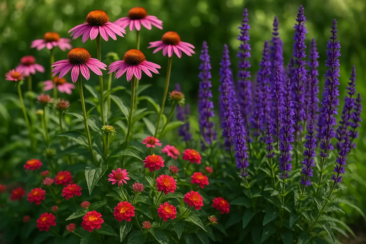 Orto con pomodori affiancati da basilico e carote, fiori di calendula ai margini, piante diverse crescono insieme in aiuole ben ordinate