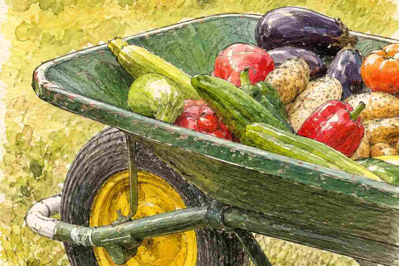 Acquerello di una carriola verde carica di zucchine, melanzane, peperoni e patate in un orto estivo