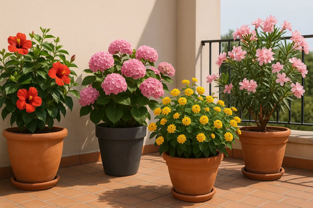Balcone estivo con piante grasse, portulaca fiorita e lavanda in vaso sotto il sole, esempio di piante che resistono al caldo durante le vacanze