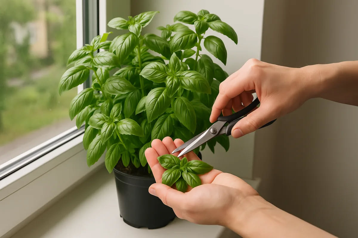 Pianta di basilico rigogliosa in vaso sul balcone ad agosto, con foglie verdi e mani che cimano gli apici per non farla fiorire